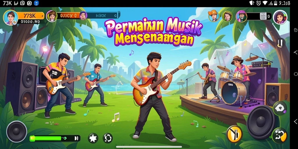 Tampilan gameplay 73K yang menarik dengan lagu-lagu seru.