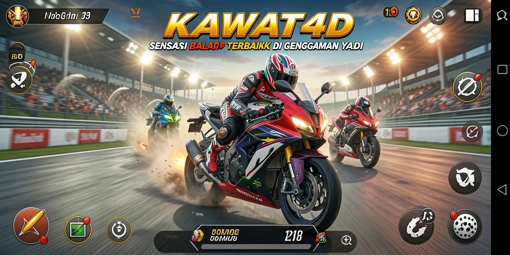 Screenshot gameplay KAWAT4D menampilkan motor balap yang melaju cepat di lintasan.